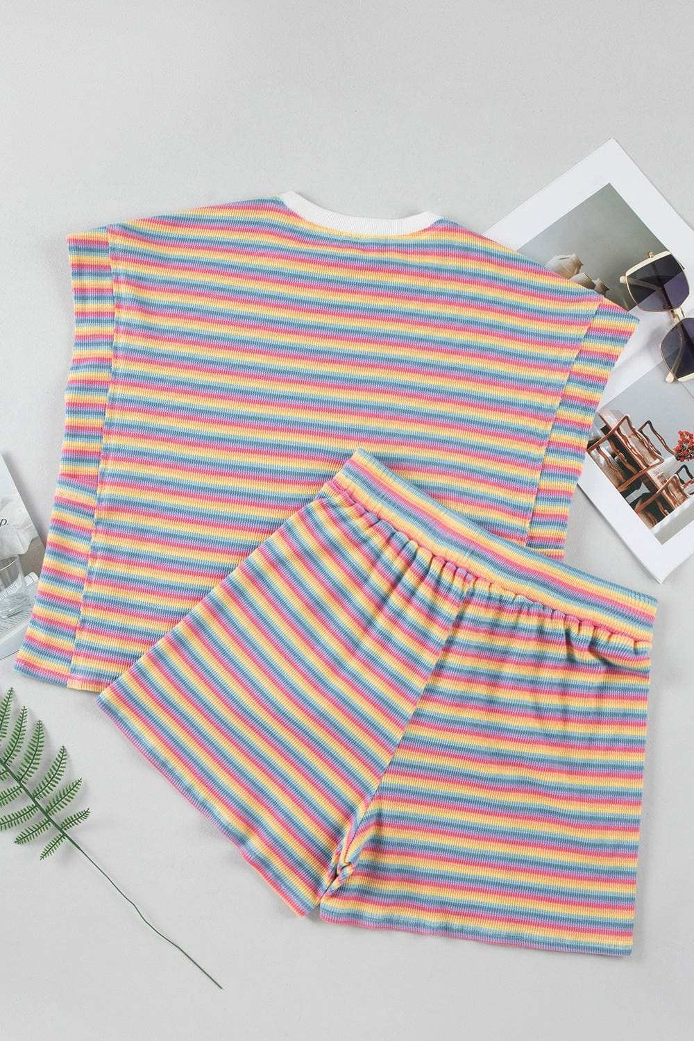 Striped Round Neck Top and Shorts Set - Trendsi - Flyclothing LLC