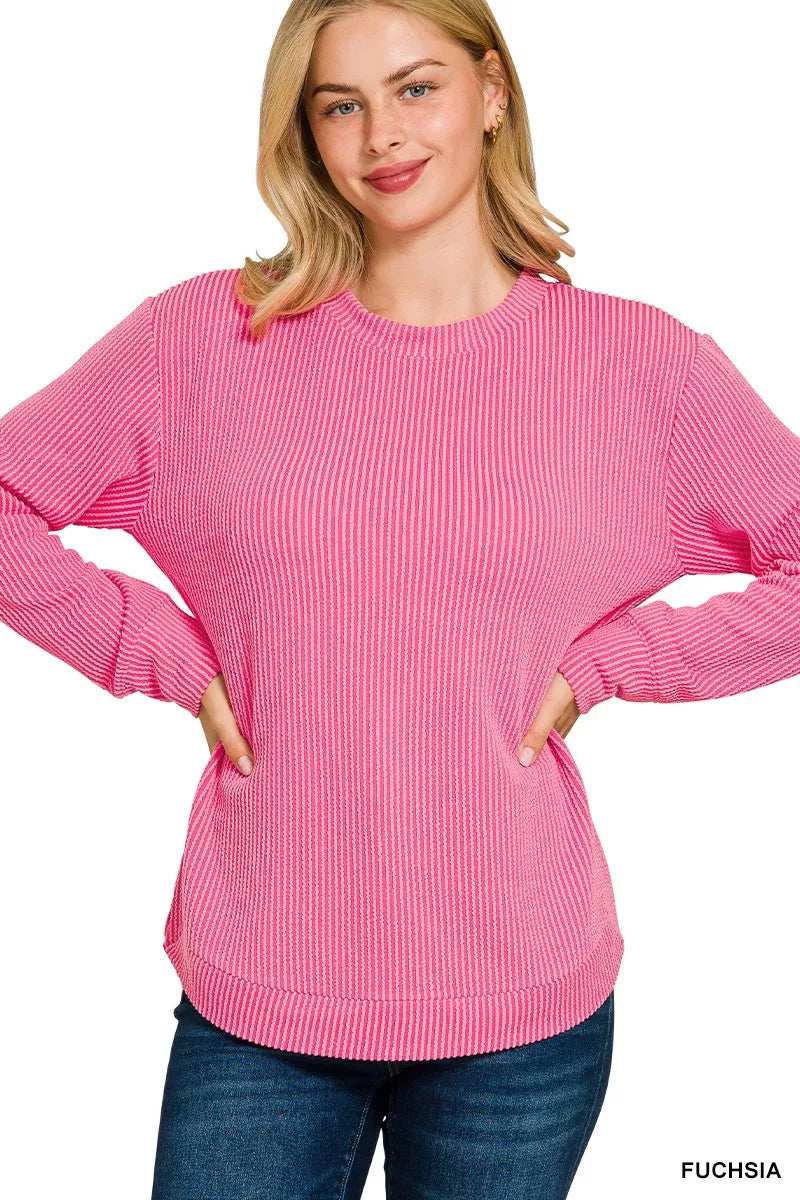 Zenana Full Size Raised Rib Round Neck Long Sleeve Top Plus Size - Trendsi - Flyclothing LLC