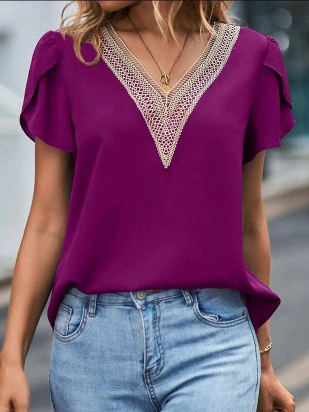 V-Neck Petal Sleeve Blouse - Trendsi - Flyclothing LLC