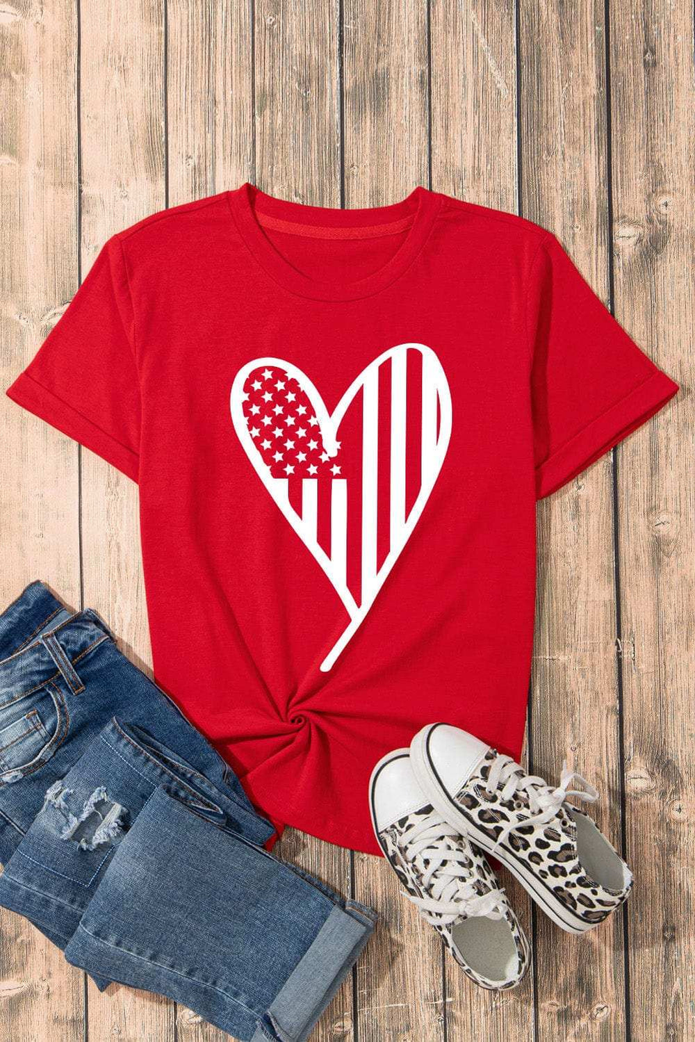 Heart Round Neck Short Sleeve T-Shirt - Trendsi - Flyclothing LLC