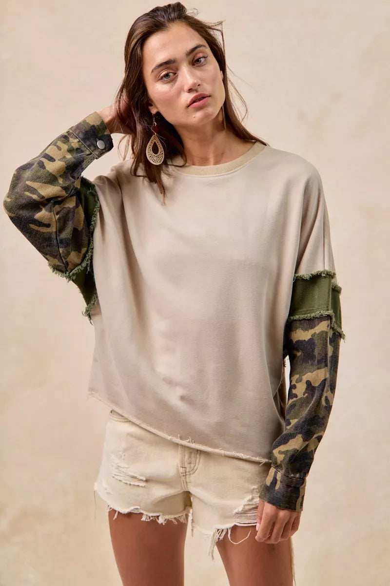 BiBi Camo Sleeve French Terry Top with Frayed Edge - Trendsi - Flyclothing LLC