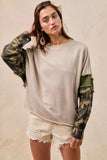 BiBi Camo Sleeve French Terry Top with Frayed Edge - Trendsi - Flyclothing LLC