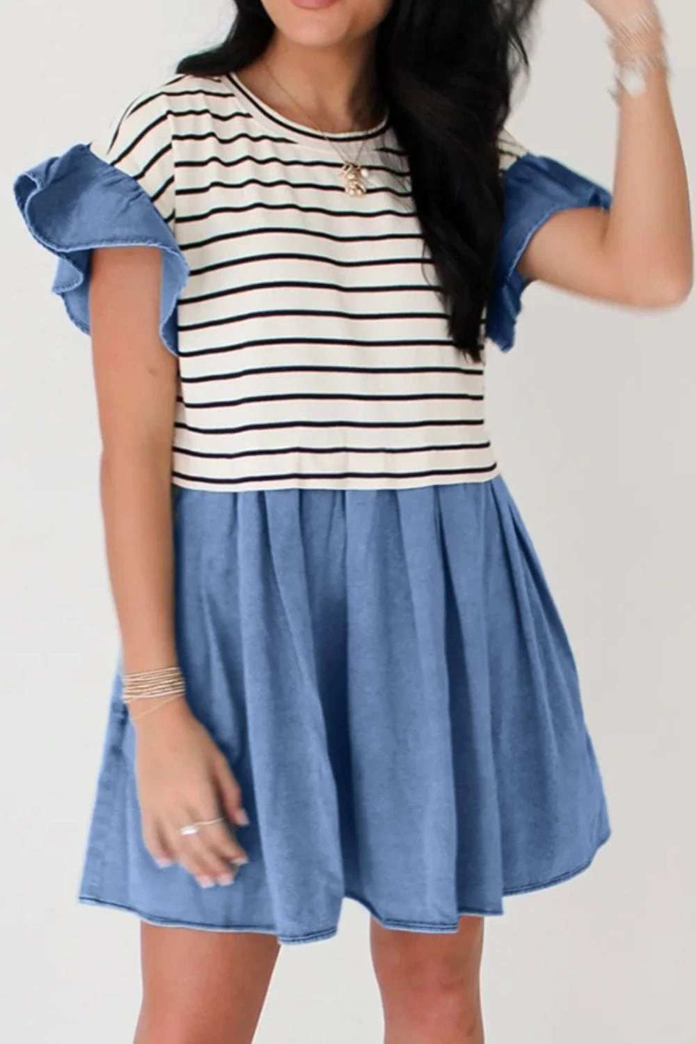 Stripe Ruffle Denim Patchwork Round Neck Mini Dress - Trendsi - Flyclothing LLC