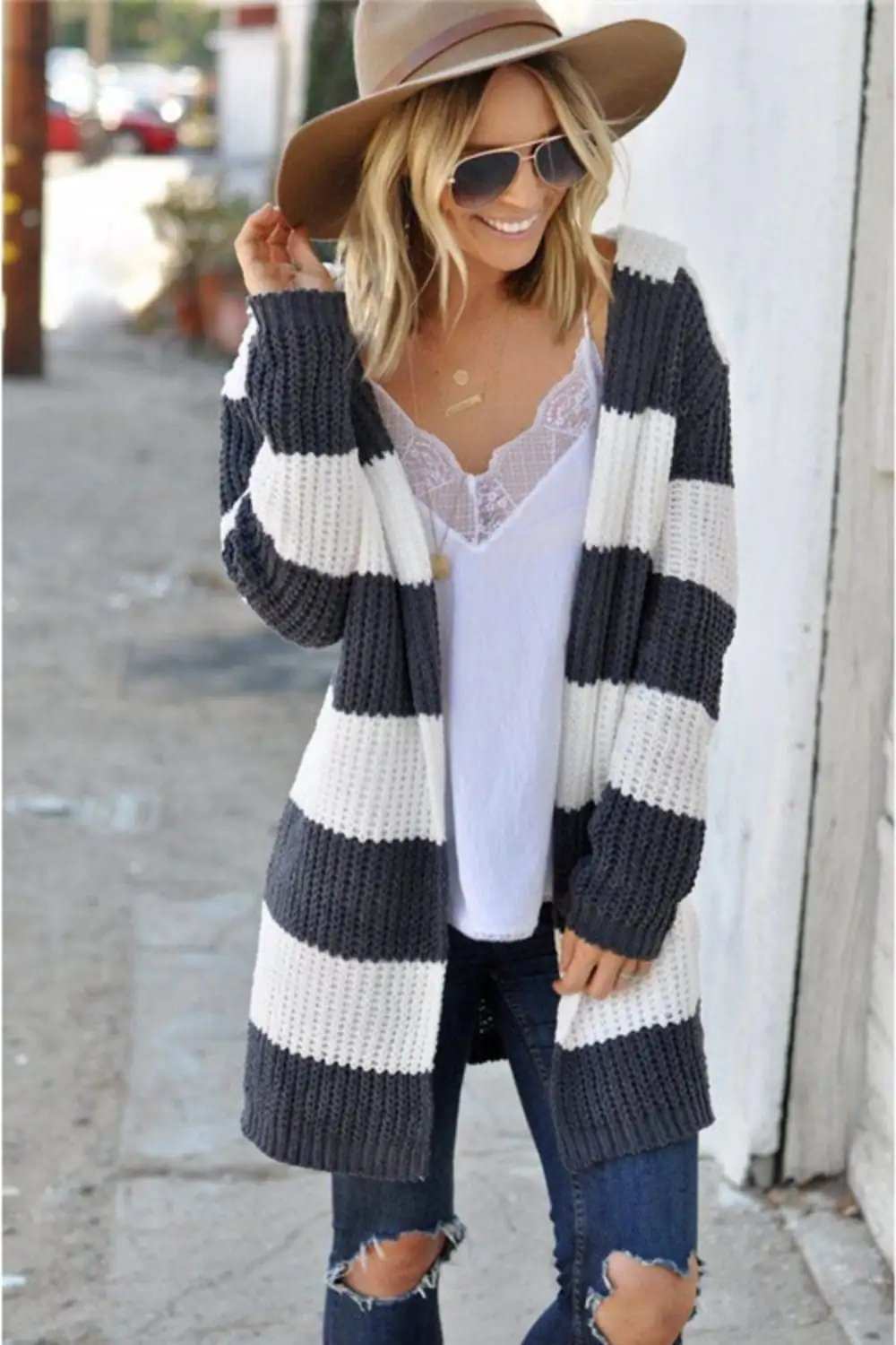 Contrast Stripes Open Front Long Sleeve Cardigan - Trendsi - Flyclothing LLC