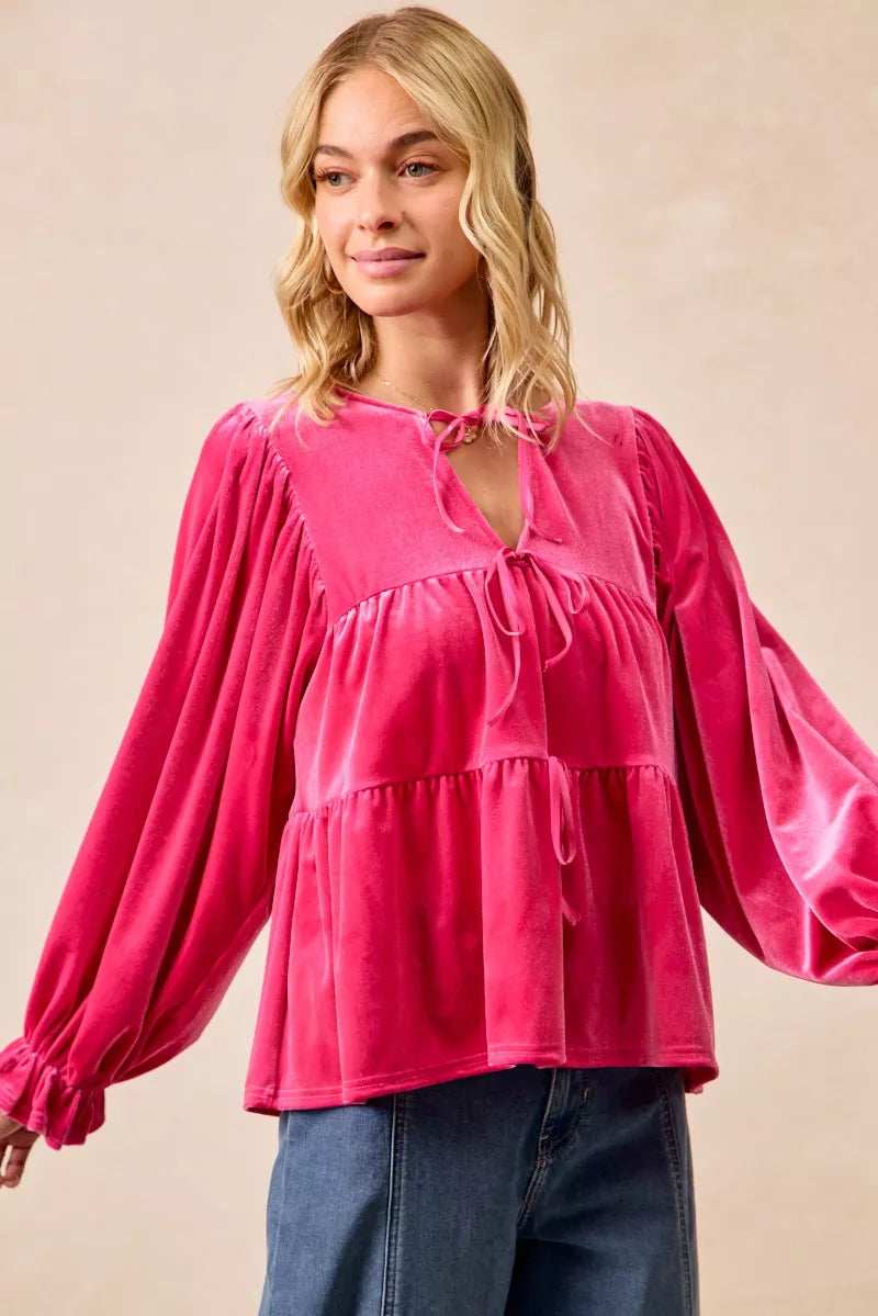 BiBi Christmas Theme Velvet Bow Tied Blouse - Trendsi - Flyclothing LLC
