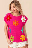 BiBi Flower Round Neck Cap Sleeve Knit Top - Trendsi - Flyclothing LLC