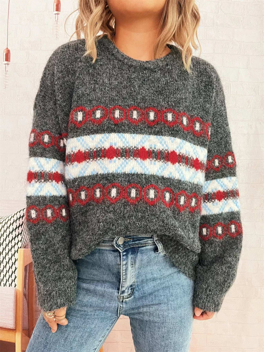 Contrast Round Neck Drop Shoulder Sweater - Trendsi - Flyclothing LLC