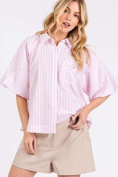 Mittoshop Button Down Striped Puff Sleeve Shirt - Trendsi - Flyclothing LLC
