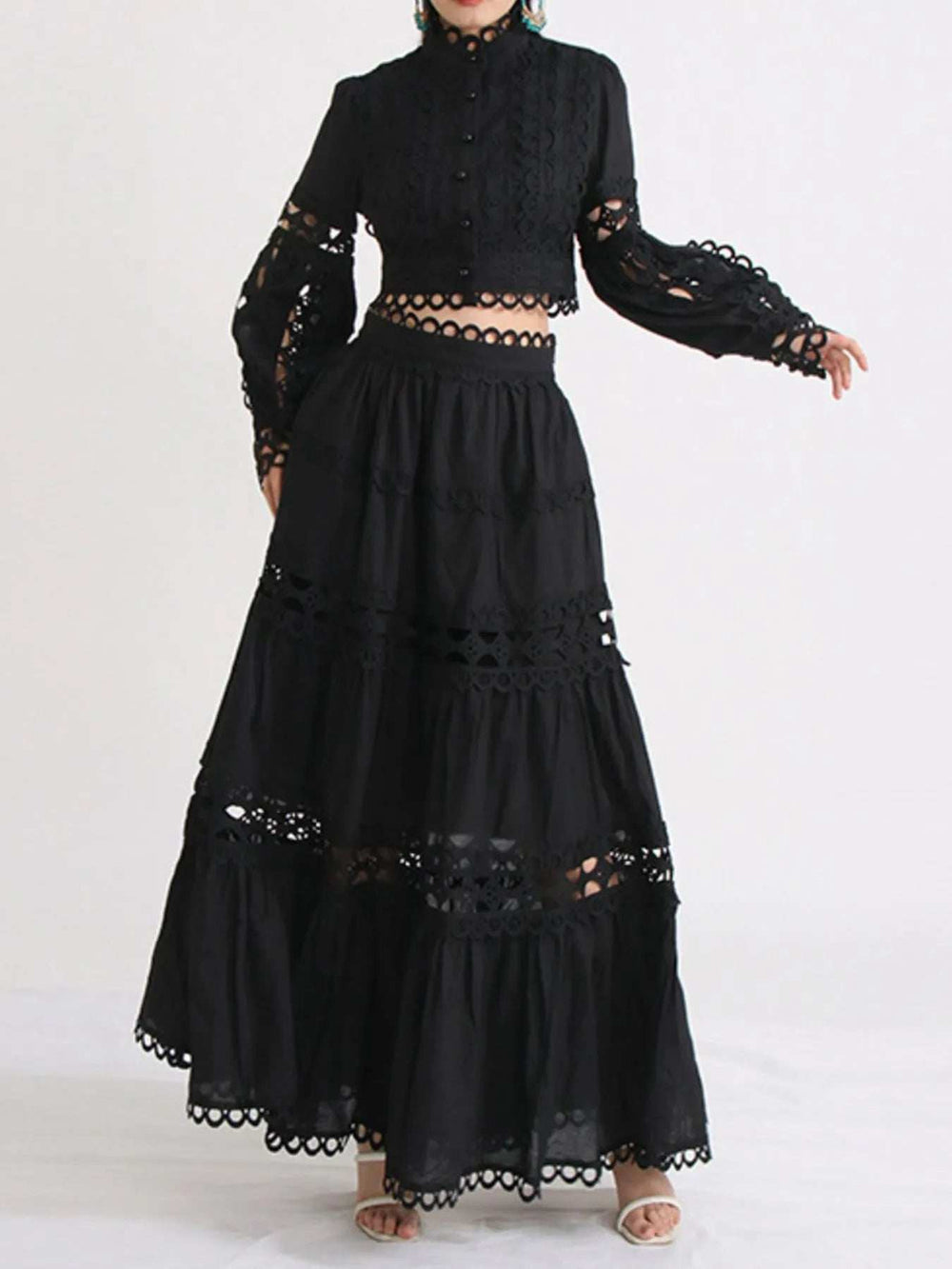 Lace Button Up Long Sleeve Top and Skirt Set - Trendsi - Flyclothing LLC