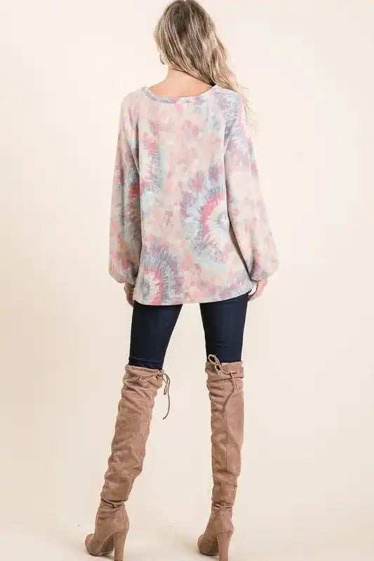 BiBi Brushed Tie Dye Print Top with Puff Sleeves - Trendsi - Flyclothing LLC