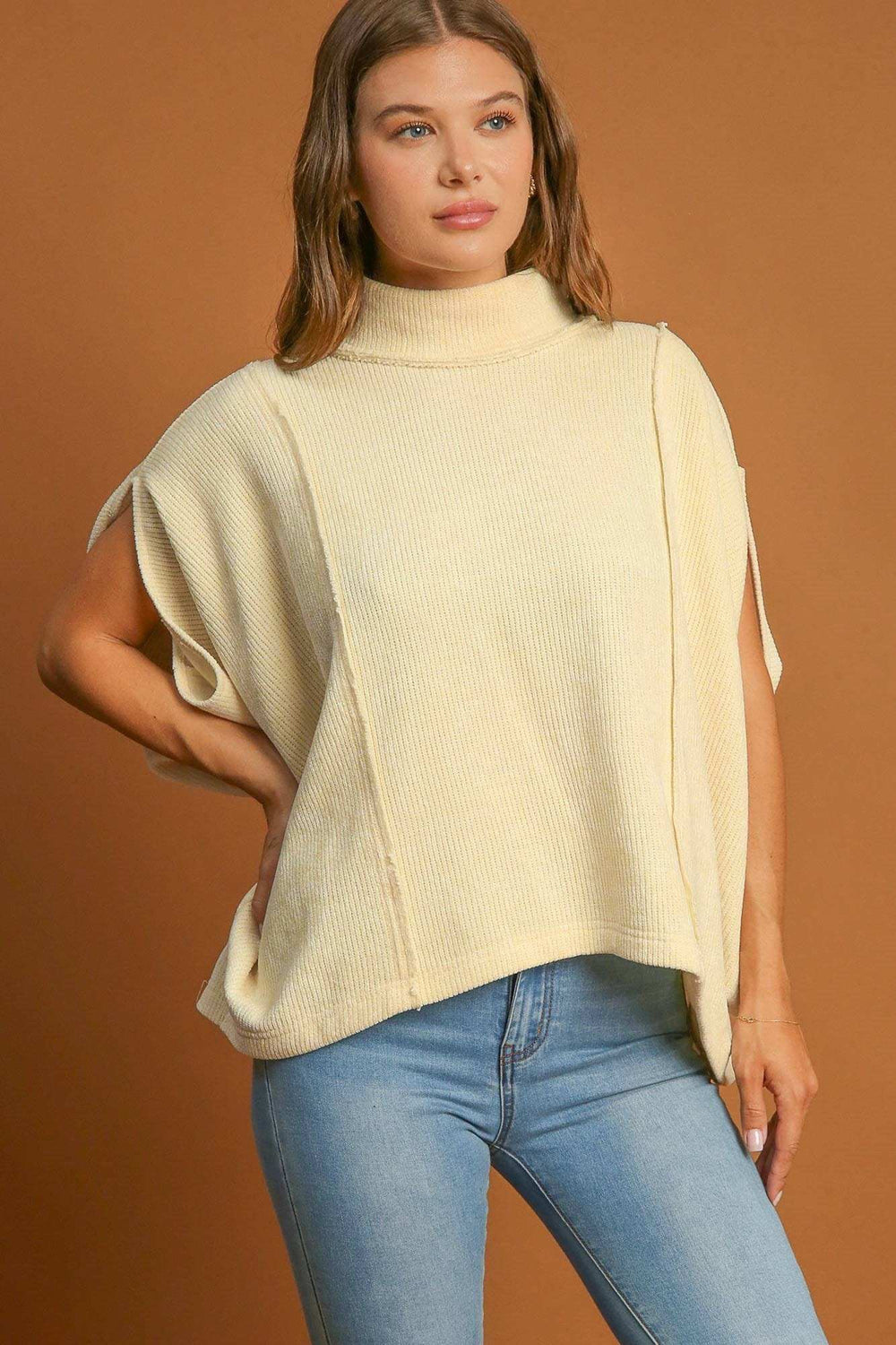 Umgee Solid Color Mock Neck Short Sleeve Top - Trendsi - Flyclothing LLC
