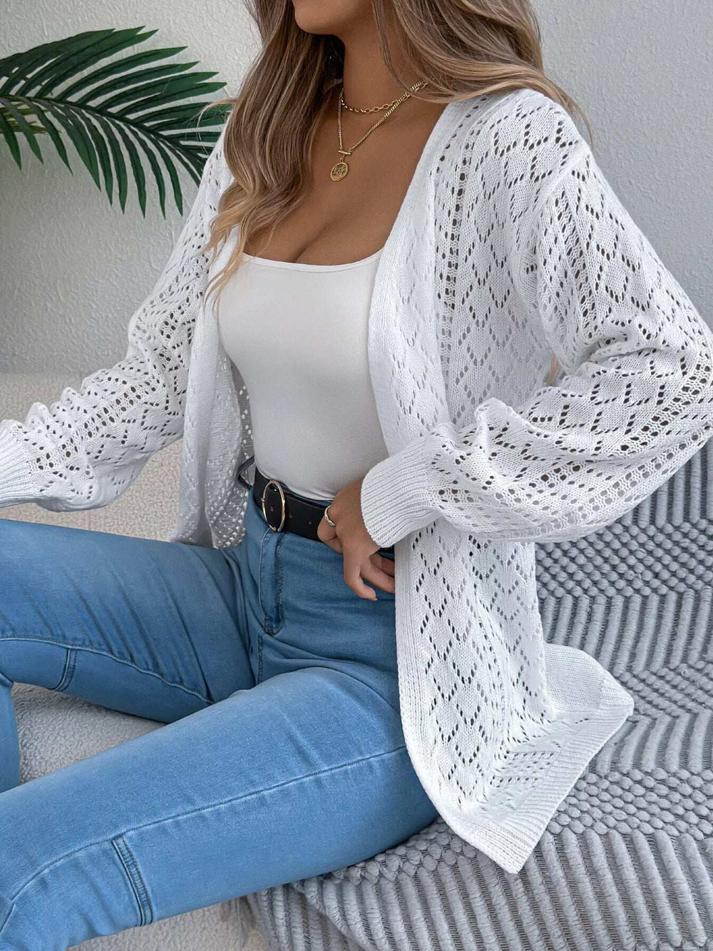 Openwork Open-Front Long Sleeve Cardigan - Trendsi - Flyclothing LLC