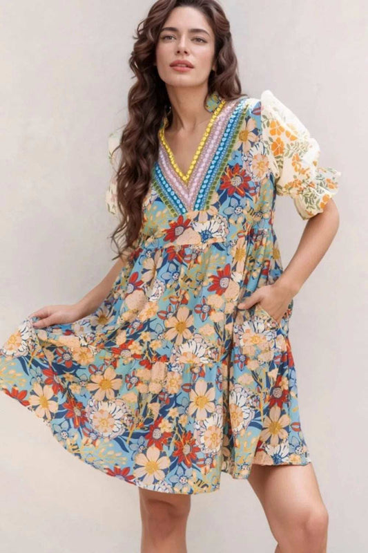 Printed Notched Flounce Sleeve Mini Dress - Trendsi - Flyclothing LLC