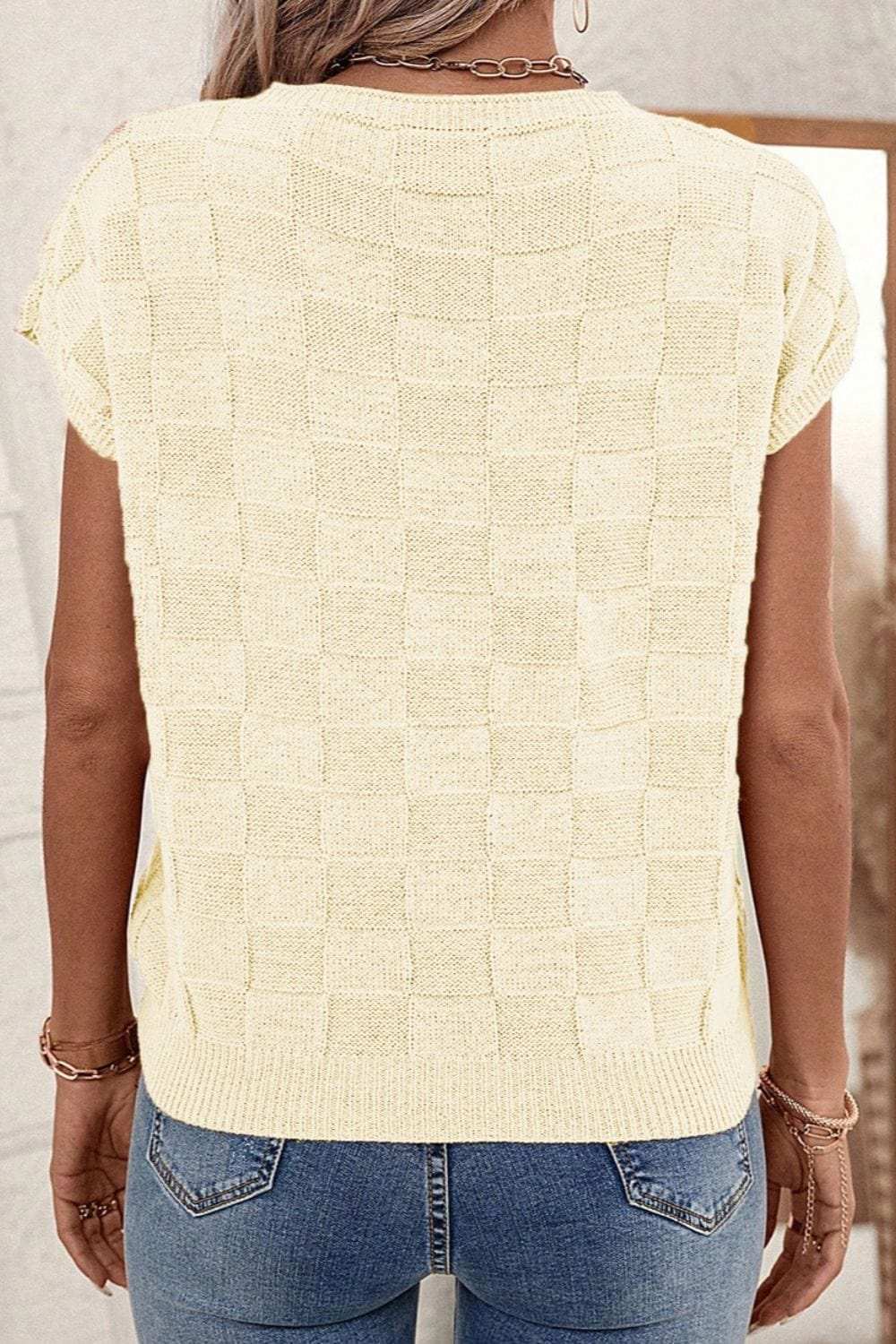 Pocketed Checkered Round Neck Knit Top - Trendsi - Flyclothing LLC
