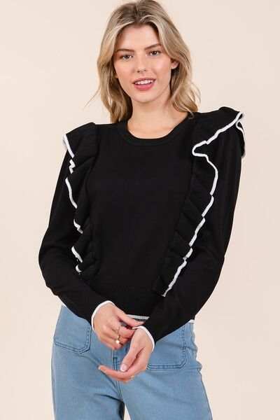 Mittoshop Contrast Trim Ruffled Round Neck Knit Top - Trendsi - Flyclothing LLC