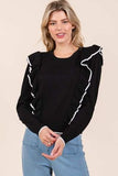 Mittoshop Contrast Trim Ruffled Round Neck Knit Top - Trendsi - Flyclothing LLC