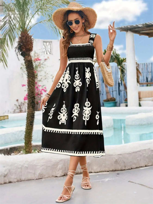 Printed Square Neck Wide Strap Midi Dress - Trendsi - Flyclothing LLC