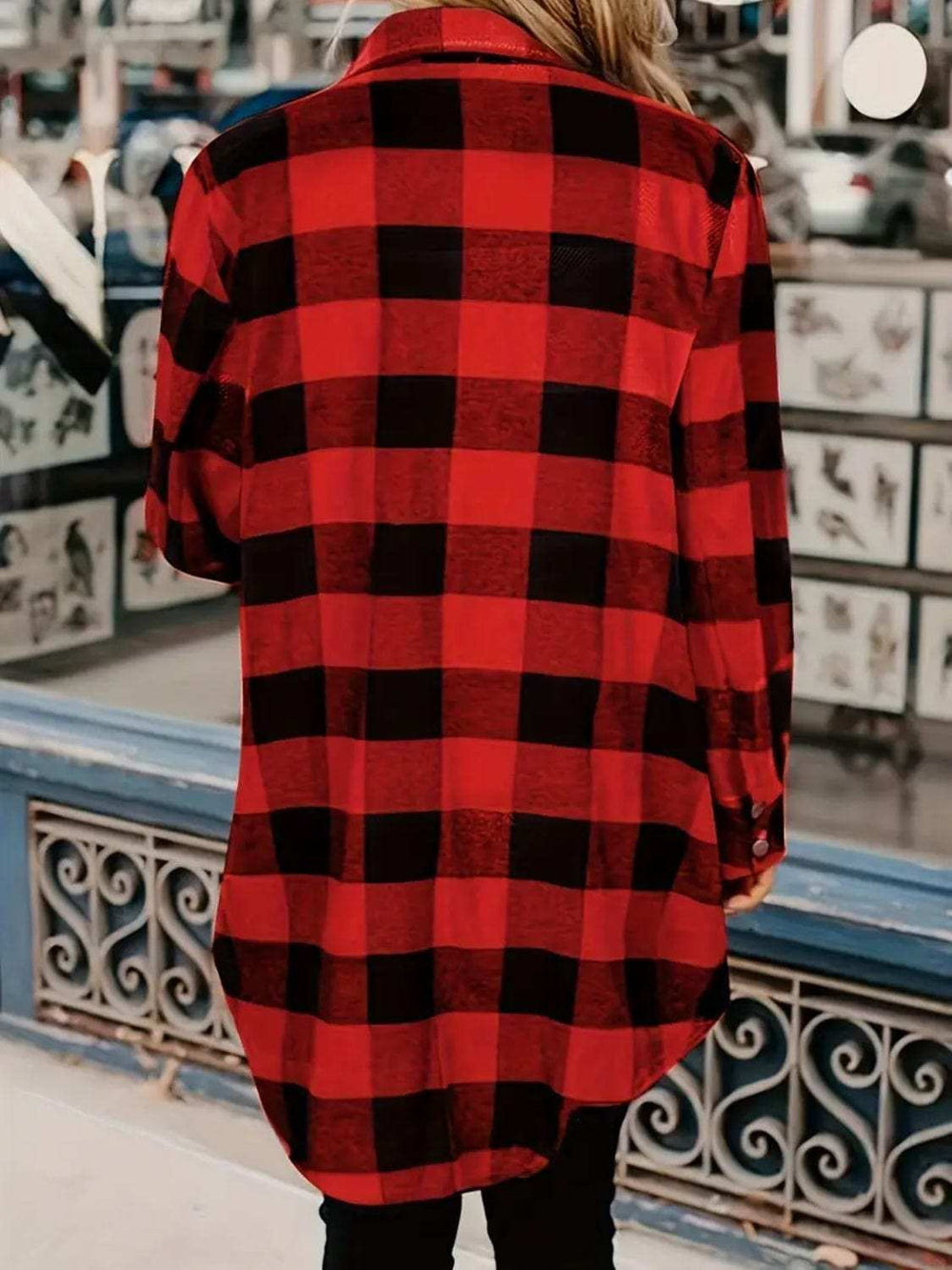 Plaid Collared Neck Snap Down Long Sleeve Jacket - Trendsi - Flyclothing LLC