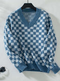 Checkered V-Neck Dropped Shoulder Sweater - Trendsi - Flyclothing LLC