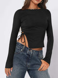 Tied Slit Round Neck Long Sleeve T-Shirt - Trendsi - Flyclothing LLC