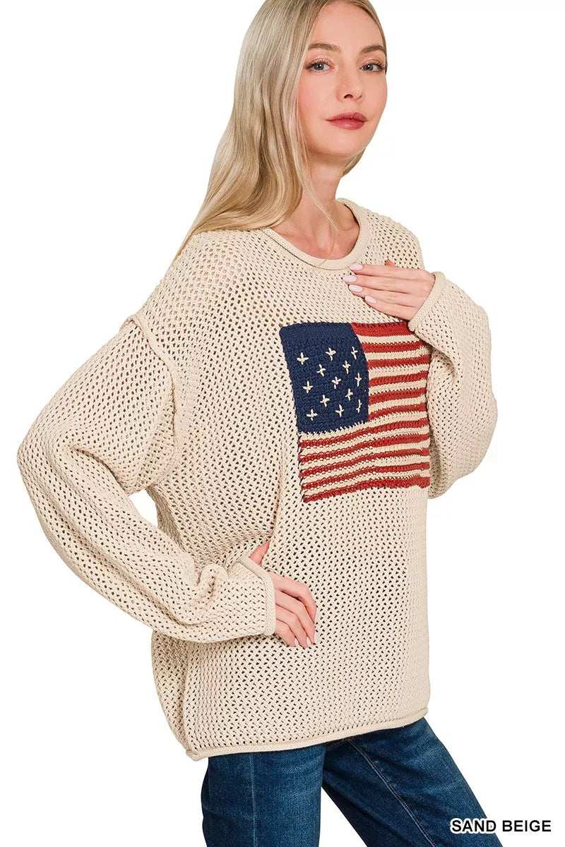 Zenana American Flag Crew Neck Sweater - Trendsi - Flyclothing LLC