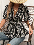 Printed V-Neck Half Sleeve Blouse - Trendsi - Flyclothing LLC