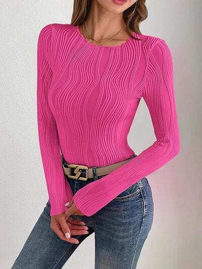 Textured Round Neck Long Sleeve Top - Trendsi - Flyclothing LLC