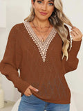 Lace Detail V-Neck Long Sleeve Sweater - Trendsi - Flyclothing LLC
