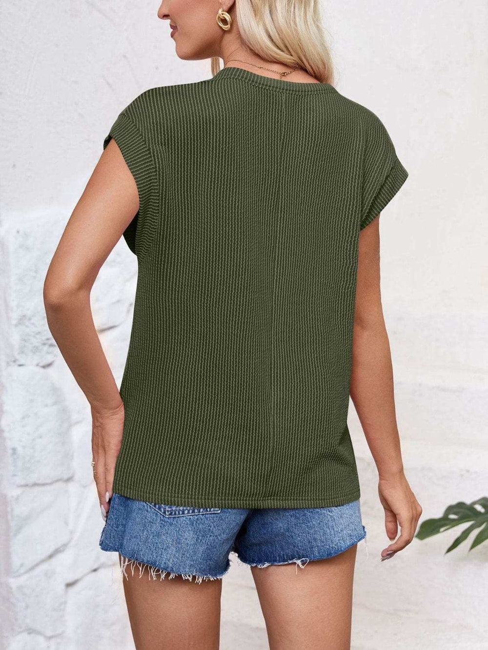 Textured Round Neck Cap Sleeve Blouse - Trendsi - Flyclothing LLC