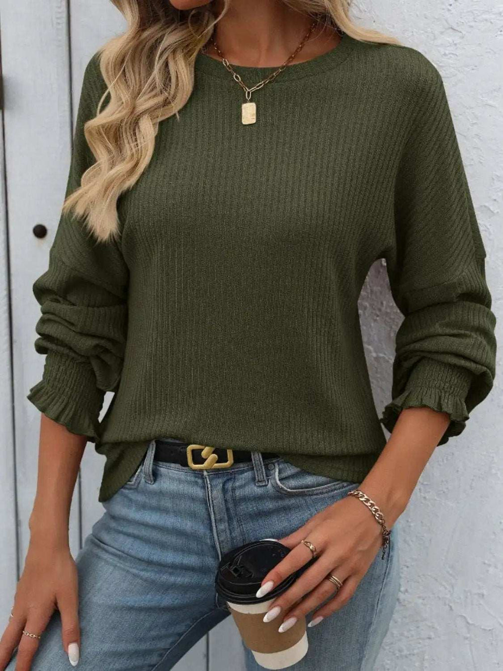 Ribbed Round Neck Long Sleeve T-Shirt - Trendsi - Flyclothing LLC