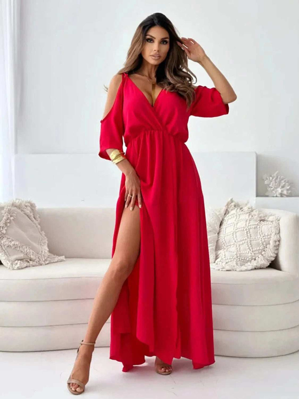 Tied Shoulder Slit Maxi Dress - Trendsi - Flyclothing LLC