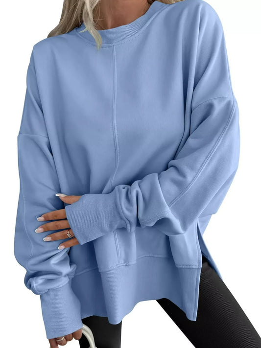 Side Slit Round Neck Long Sleeve Sweatshirt - Trendsi - Flyclothing LLC