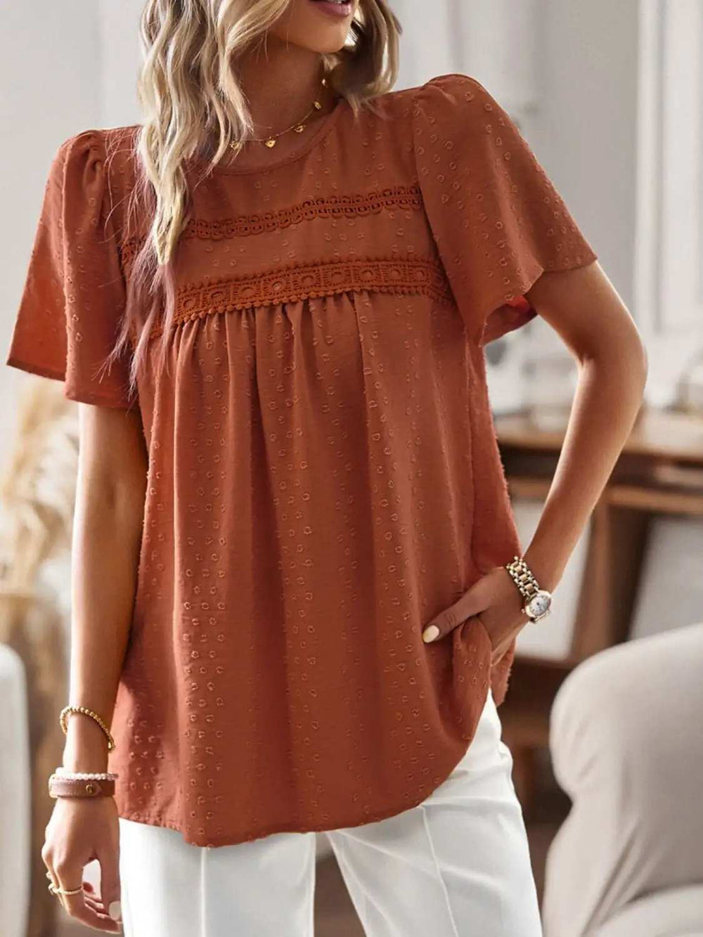 Lace Detail Round Neck Short Sleeve Blouse - Trendsi - Flyclothing LLC