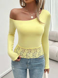 Single Shoulder Long Sleeve Lace T-Shirt - Trendsi - Flyclothing LLC