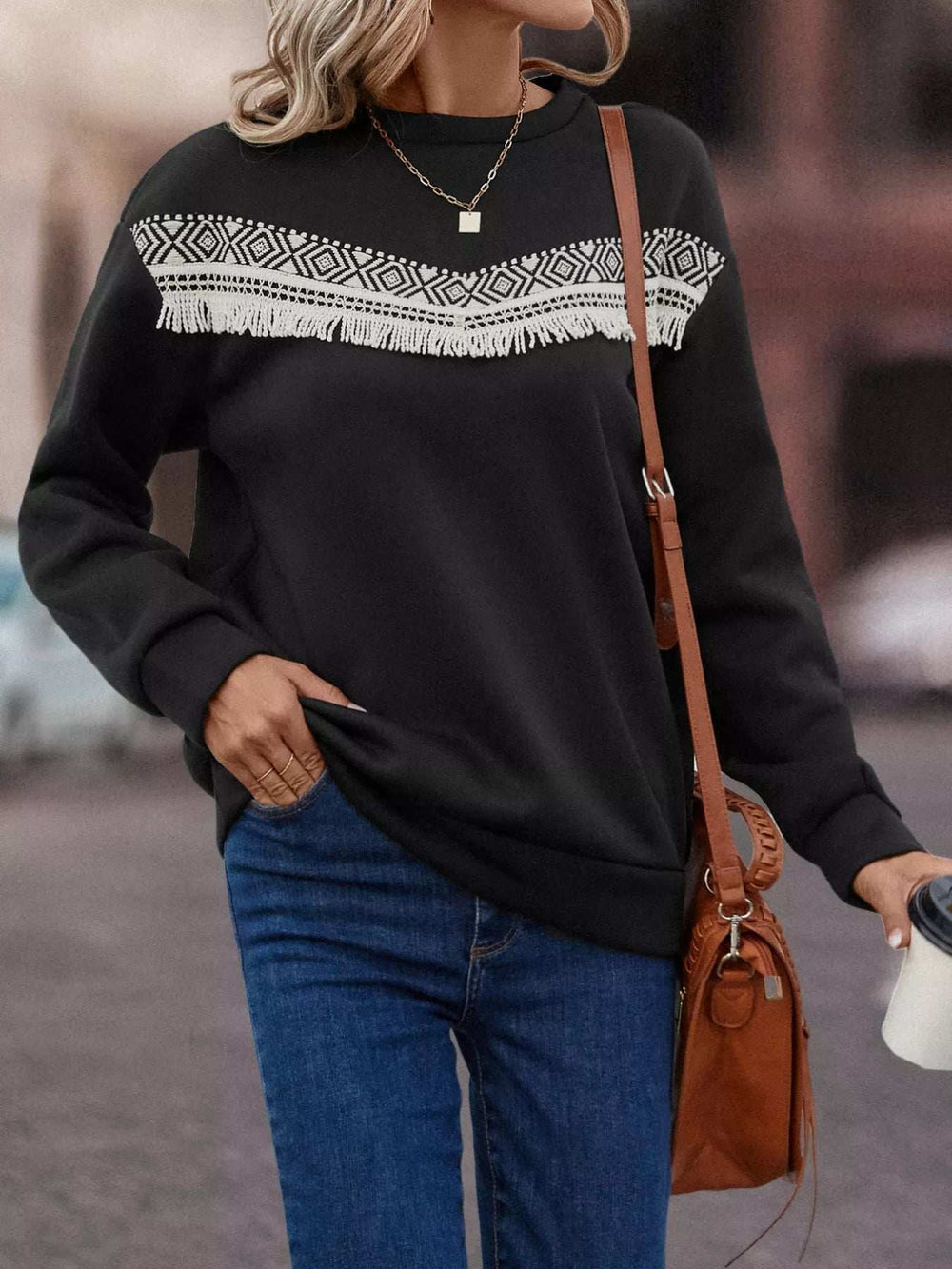 Fringe Trim Crew Neck Sweatshirt - Trendsi - Flyclothing LLC