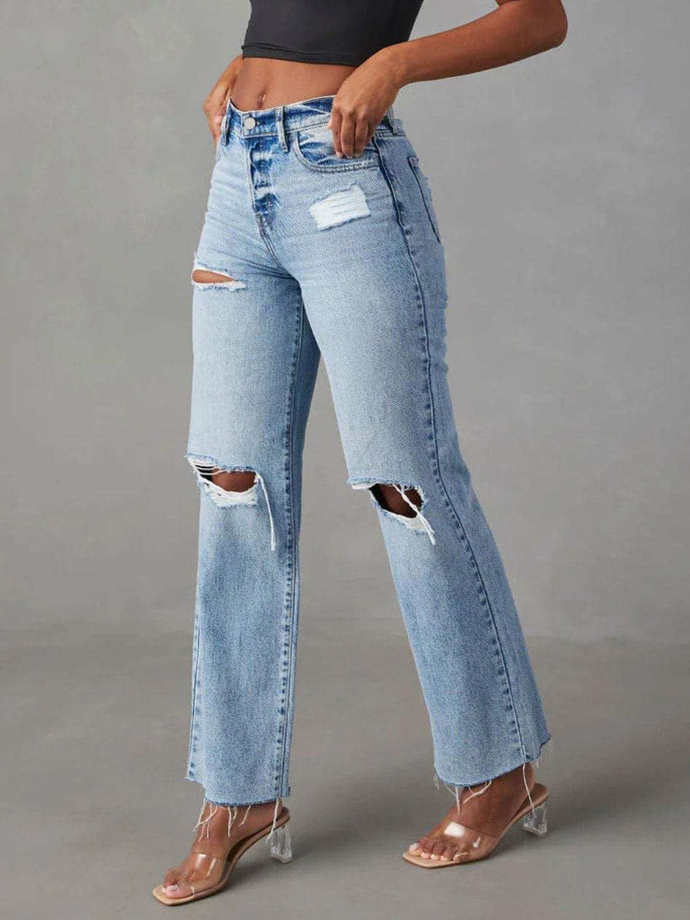 Distressed Straight Leg Jeans with Pockets - Trendsi - Flyclothing LLC