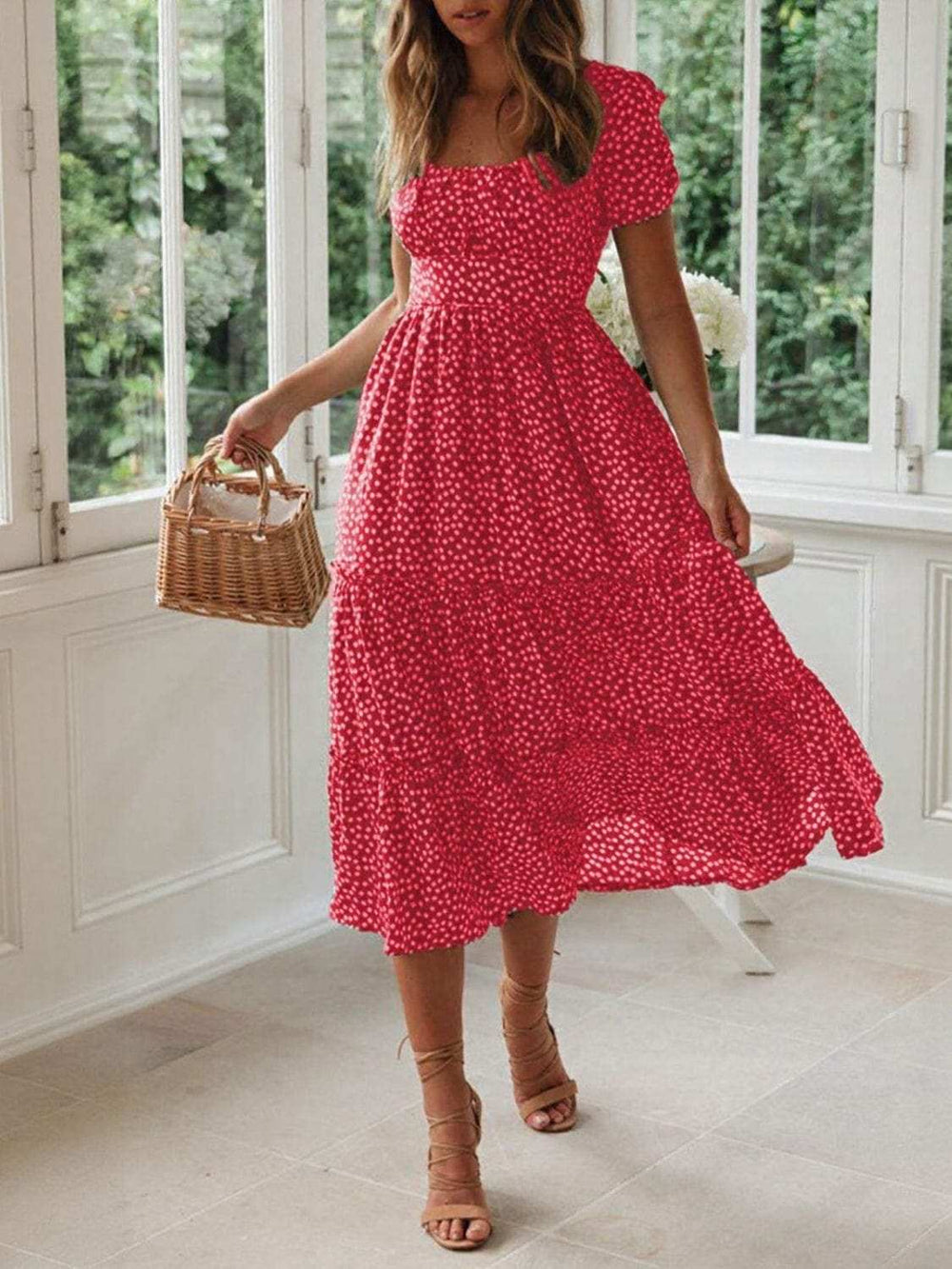 Printed Square Neck Short Sleeve Midi Dress - Trendsi - Flyclothing LLC