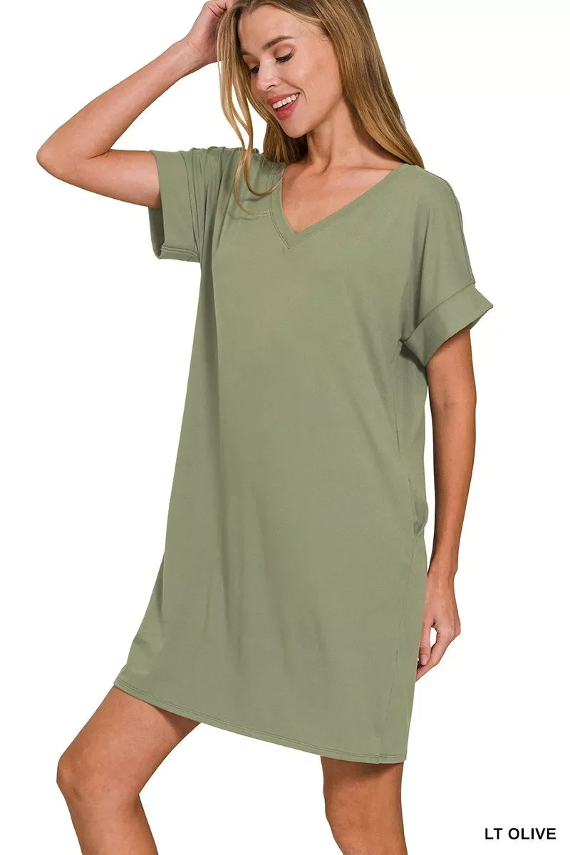 Zenana Brushed Dty Rolled Short Sleeve V-Neck Dress - Trendsi - Flyclothing LLC