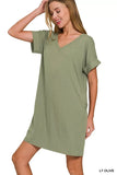 Zenana Brushed Dty Rolled Short Sleeve V-Neck Dress - Trendsi - Flyclothing LLC