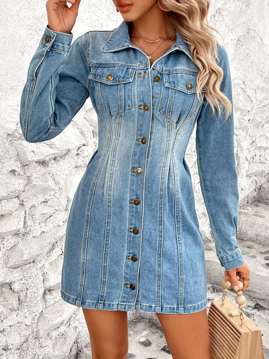 Pocketed Button Up Long Sleeve Denim Dress - Trendsi - Flyclothing LLC