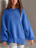 Double Take Side Slit Round Neck Long Sleeve Sweater - Trendsi - Flyclothing LLC