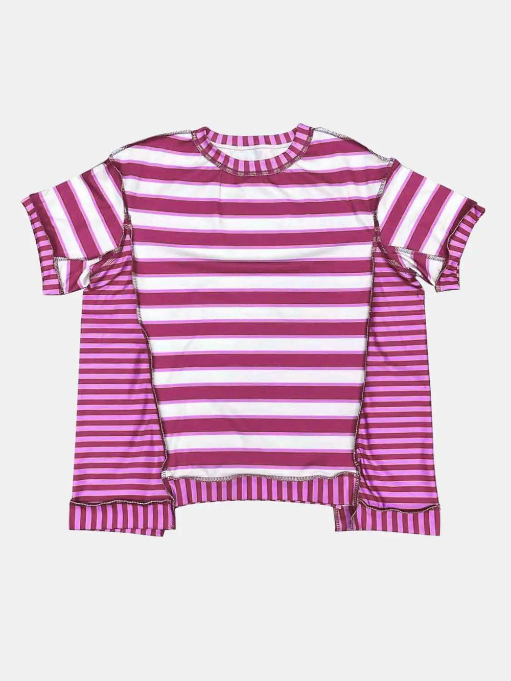 Full Size Contrast Stitching Striped Round Neck T-Shirt - Trendsi - Flyclothing LLC