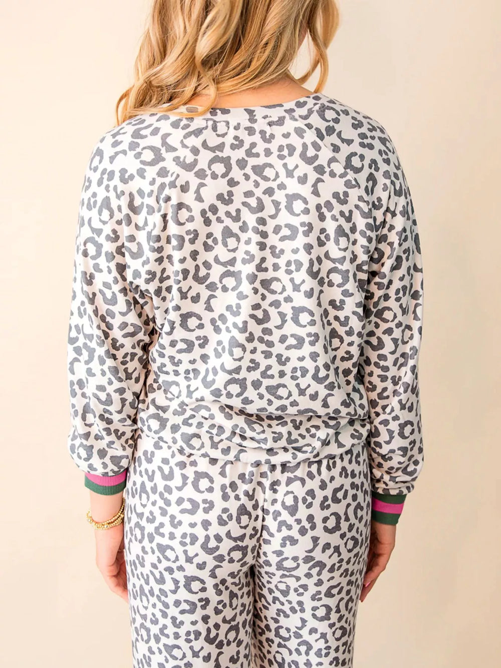 V Neck Leopard Long Sleeve Top Striped Webbing Patchwork Drawstring Pant Set - Trendsi - Flyclothing LLC