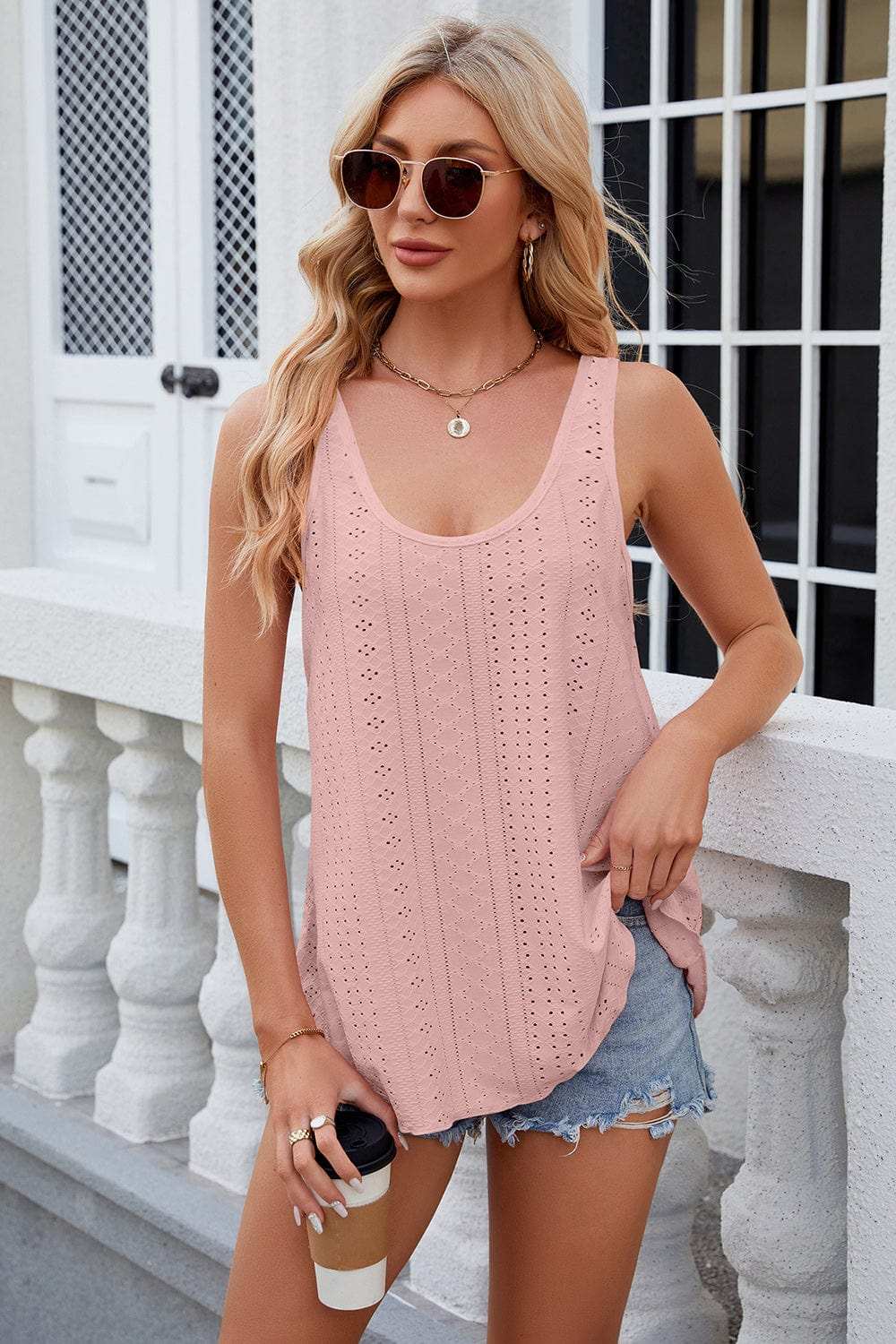 Eyelet Scoop Neck Wide Strap Tank - Trendsi - Flyclothing LLC