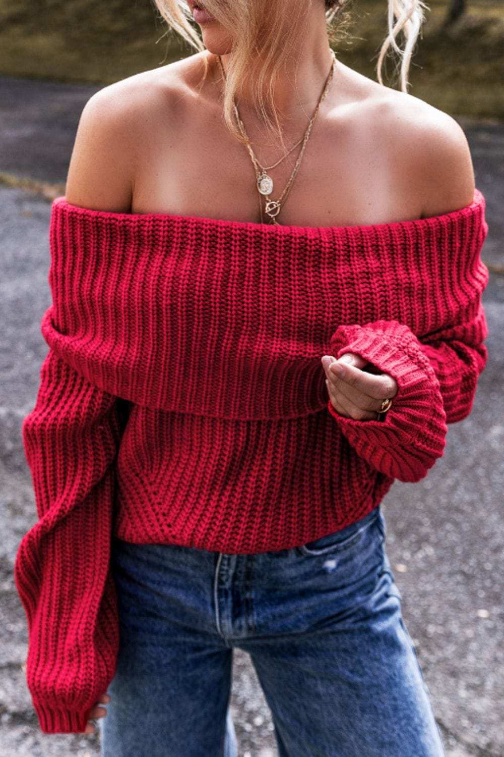 Off-Shoulder Long Sleeve Sweater - Trendsi - Flyclothing LLC