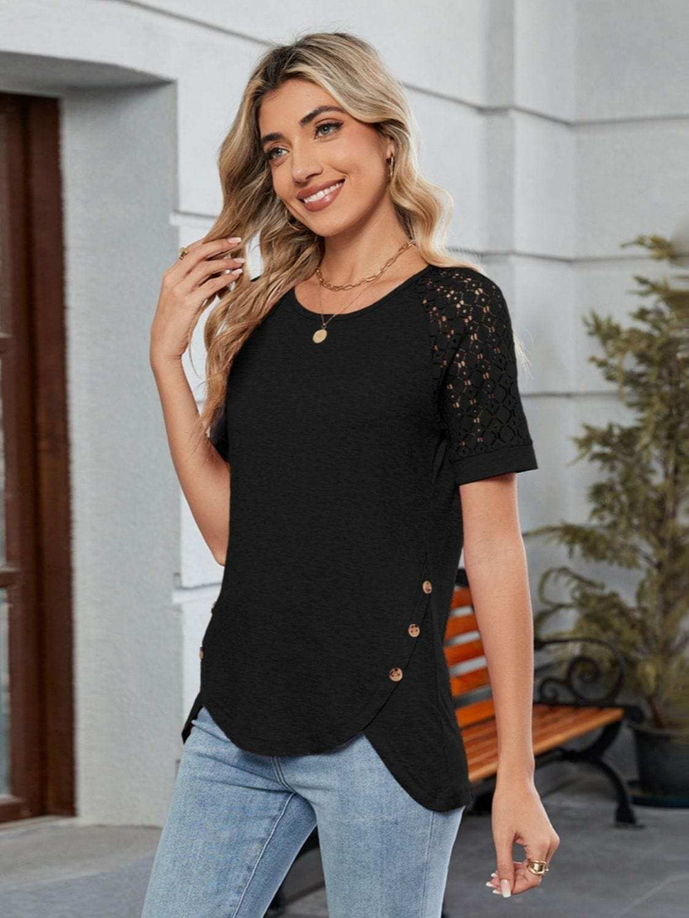 Round Neck Lace Short Sleeve T-Shirt - Trendsi - Flyclothing LLC