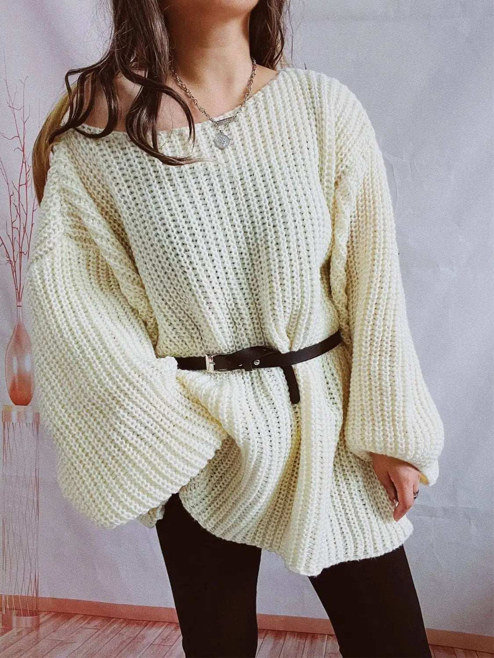 Boat Neck Long Sleeve Sweater with Belt - Trendsi - Flyclothing LLC