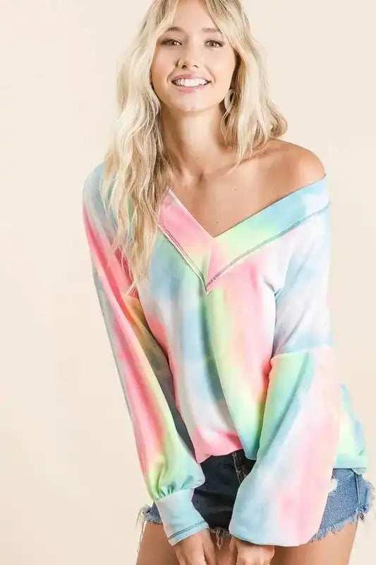 BiBi Tie Dye French Terry V-Neck Top with Puff Sleeves - Trendsi - Flyclothing LLC