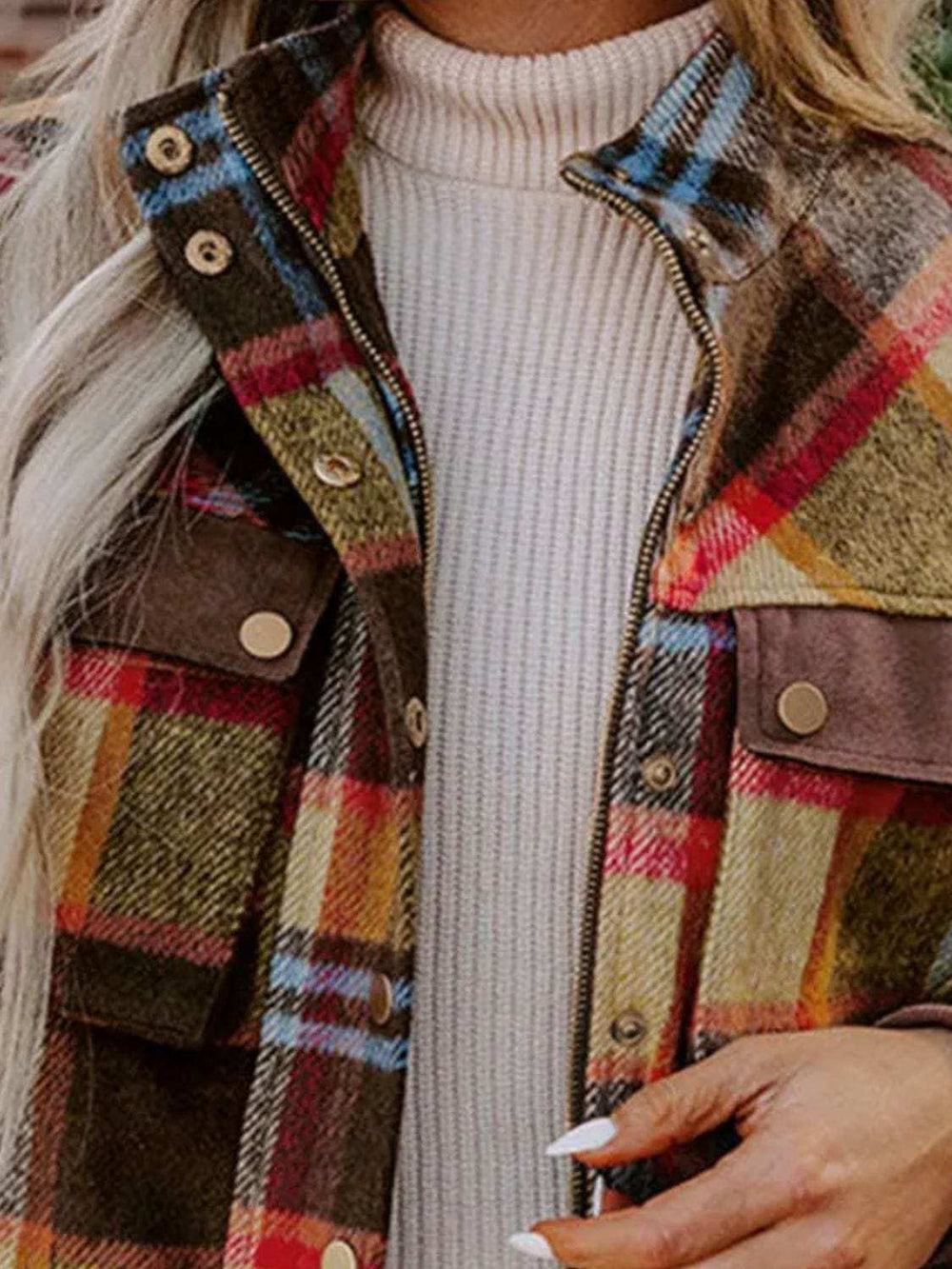Pocketed Plaid Long Sleeve Jacket - Trendsi - Flyclothing LLC