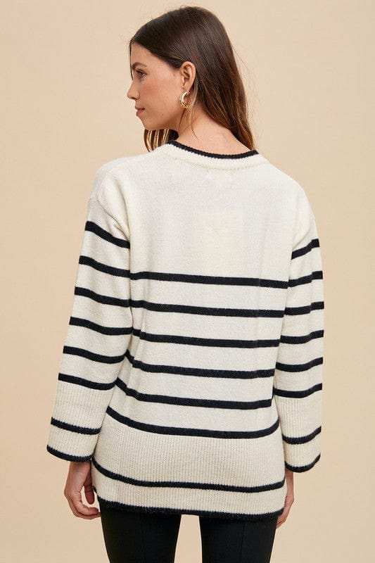 Annie Wear Side Slit Striped Round Neck Sweater - Trendsi - Flyclothing LLC